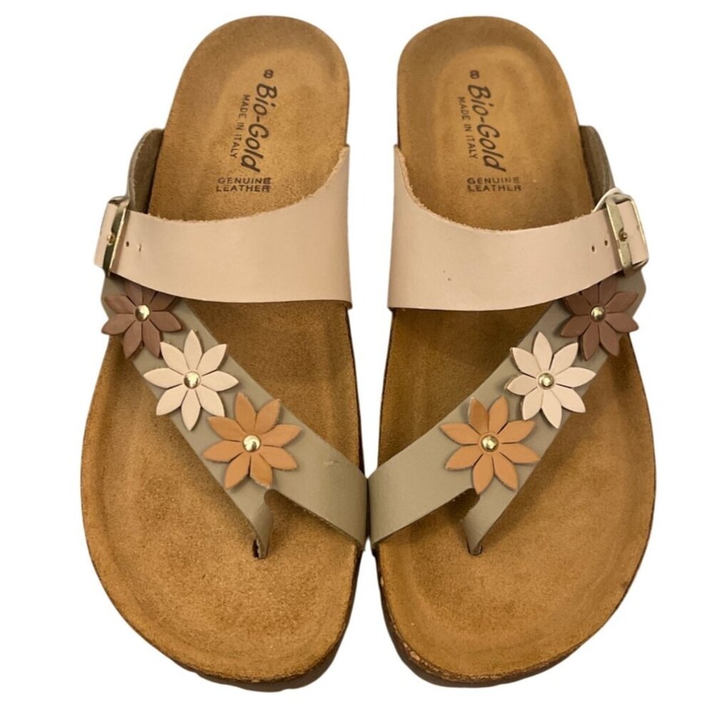 Bio-Gold Women Leather Sandals Size 8 Floral Boho Y2K Festival Cottagecore Retro